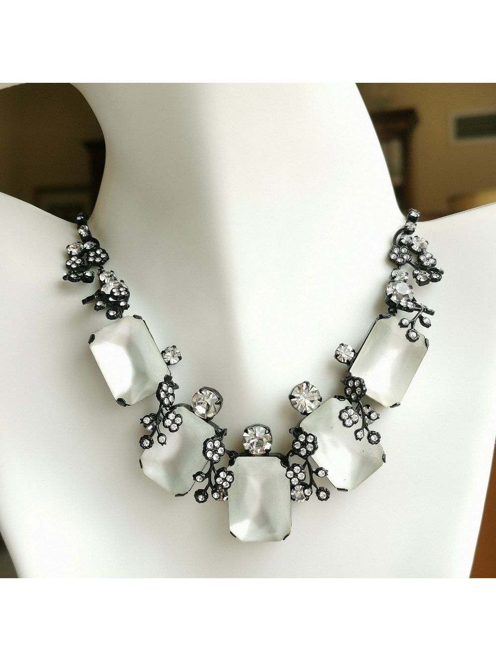 Vintage 90s Czech Handmade Glass Necklace Clear White Black